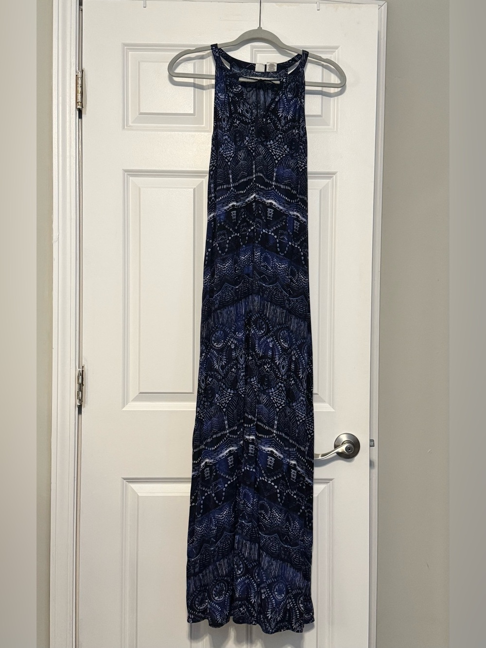 Artisan NY Blue Black Boho Print Sleeveless Halter Tasseled Tie Front Maxi Large